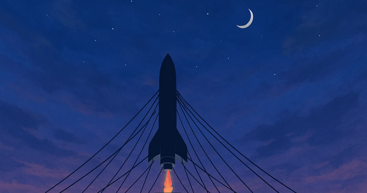 A rocket straining upward off its launch pad at dusk, pinned down by dozens of taut cables staked to the ground, a coral flame burning at its base