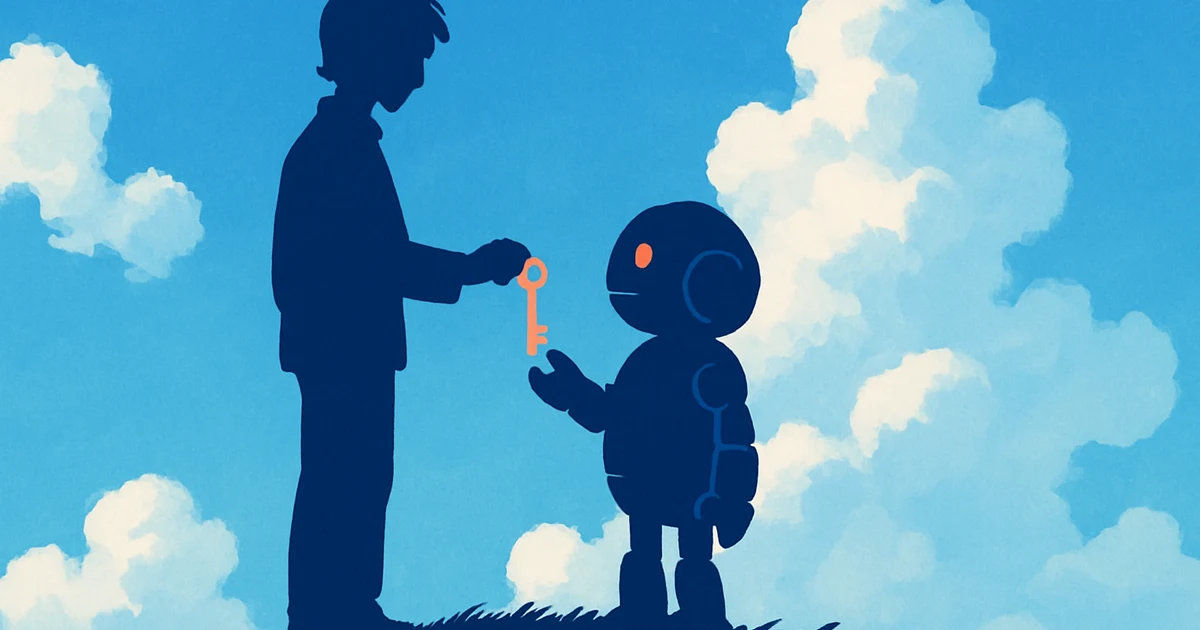 A person hands a single key to a small robot