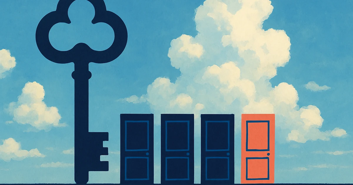 A giant antique key beside a row of shut doors under a bright cloudy sky, one door glowing coral