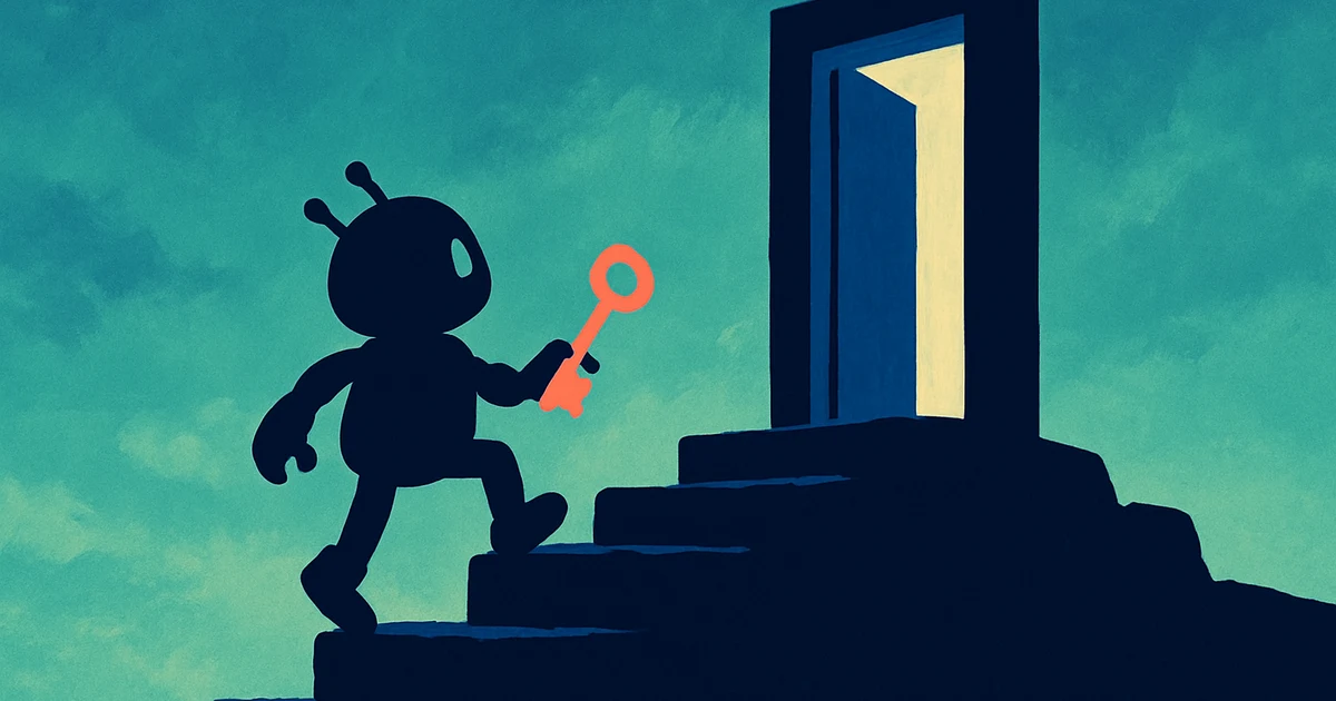 A small robot silhouette climbing stone steps toward a lit open door, holding a coral key, under a teal dusk sky