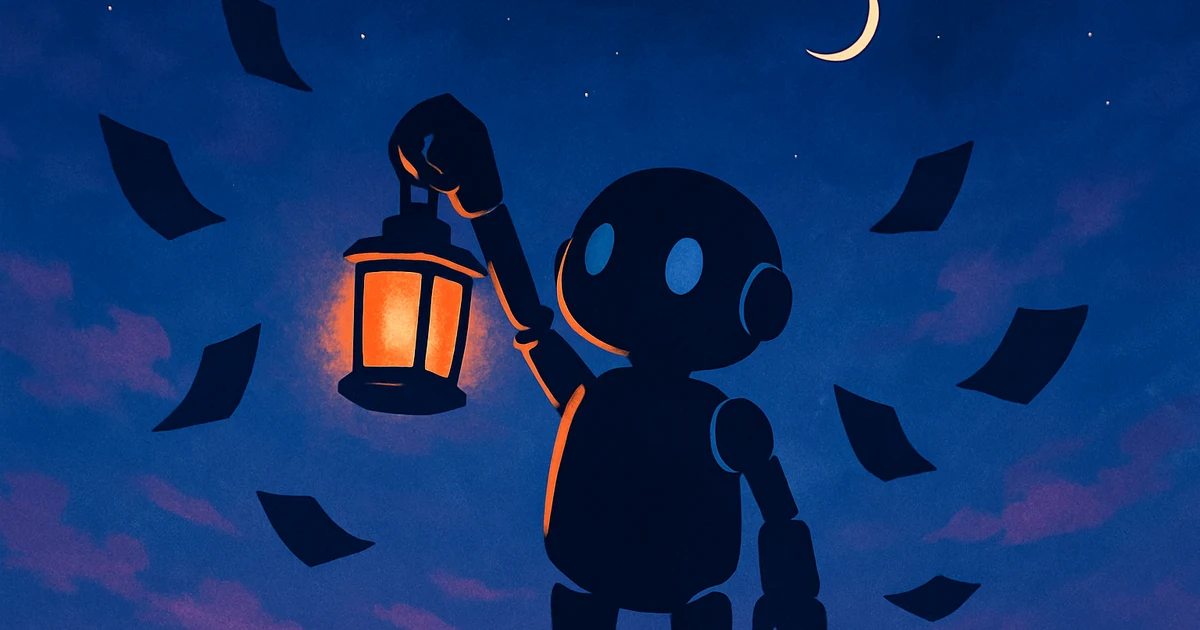 A small robot holds up a lantern among drifting pages — memory an agent keeps between sessions, not amnesia