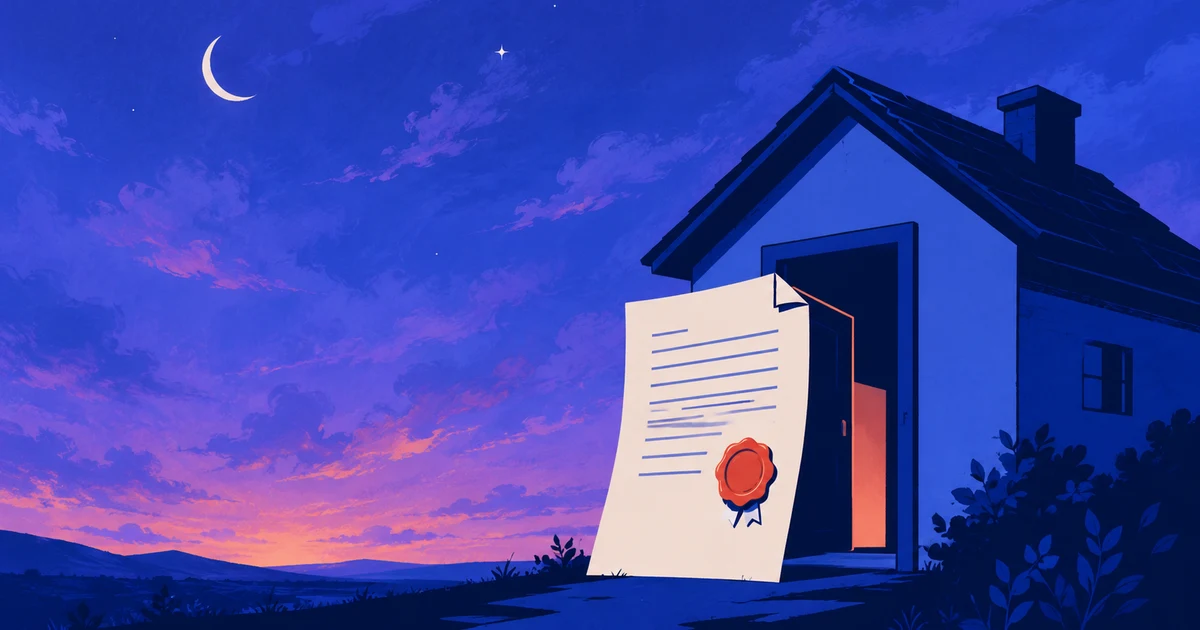 A deep-navy house at twilight with its door open; a single sheet of paper bearing a coral wax seal stands like a shield across the doorway, under an indigo sky with a crescent moon