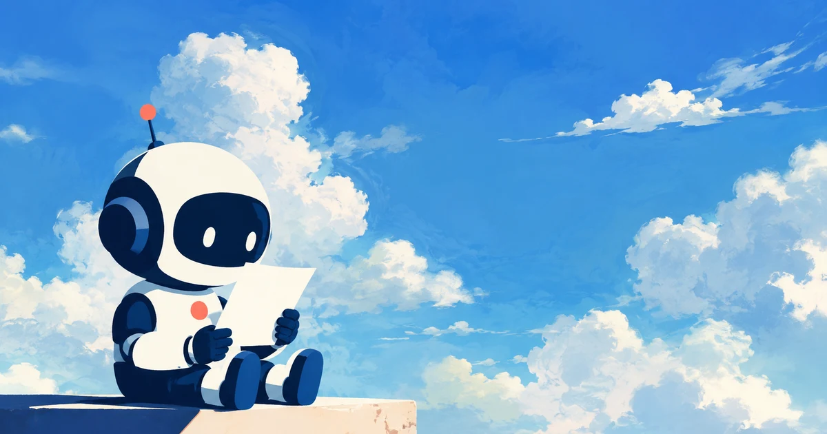 A small robot reading a single clean sheet of paper against a bright cumulus sky
