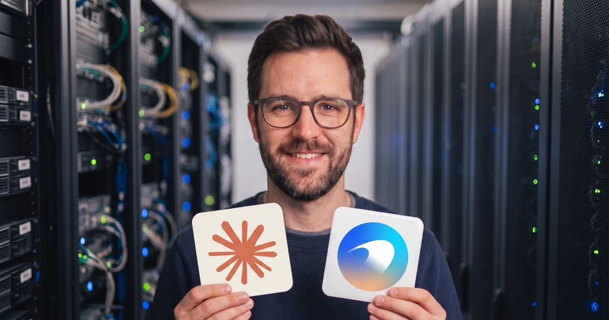 Lucas, Lepsto's AI avatar, holding up the Claude and Lepsto logos in a server room