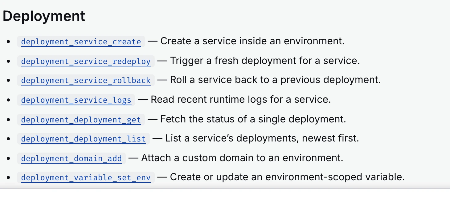 The MCP tools catalog — the deployment tools an agent can call, each with a description