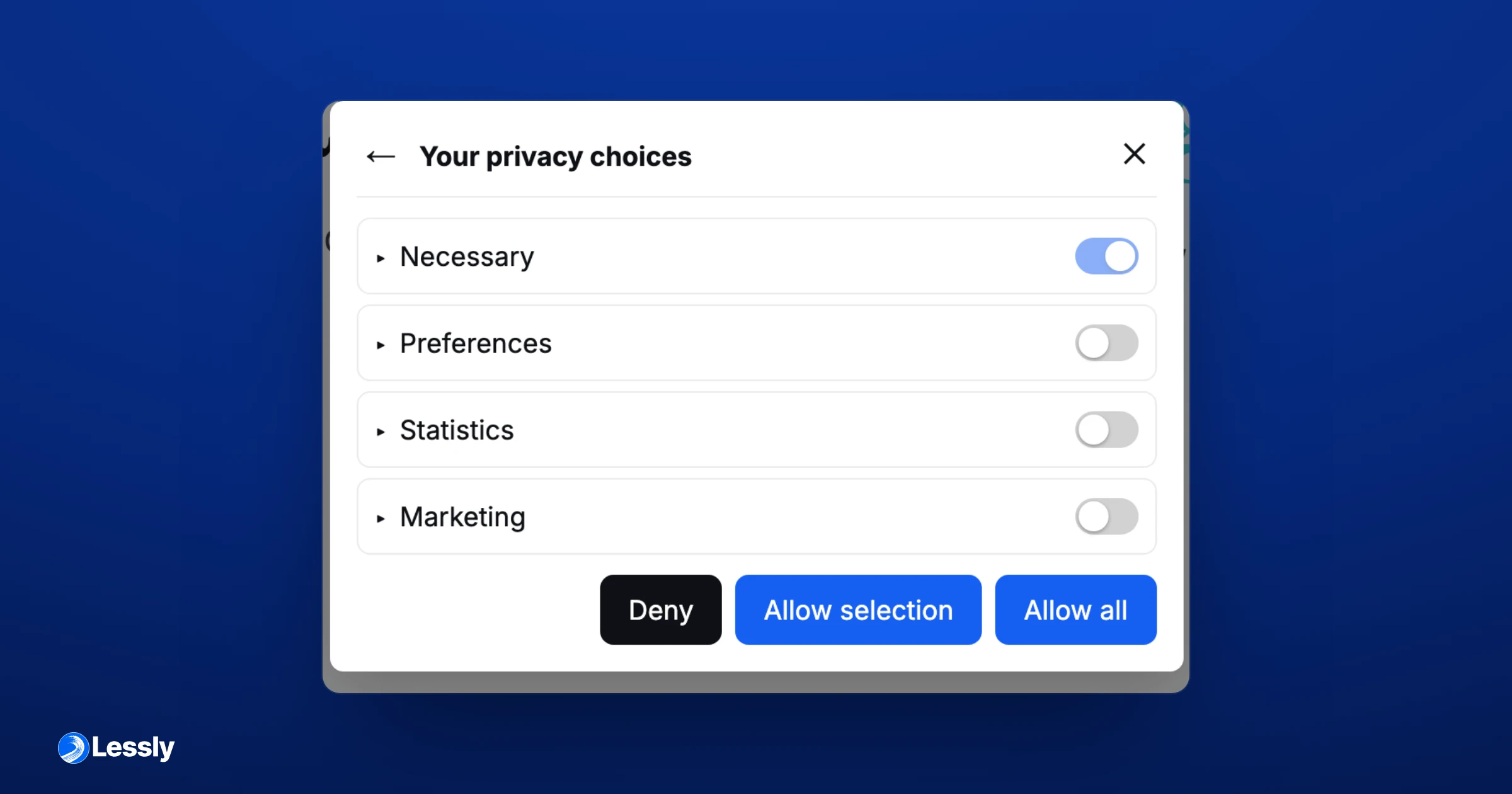 The consent banner's preference center — Necessary, Preferences, Statistics, and Marketing toggles, with deny or allow options