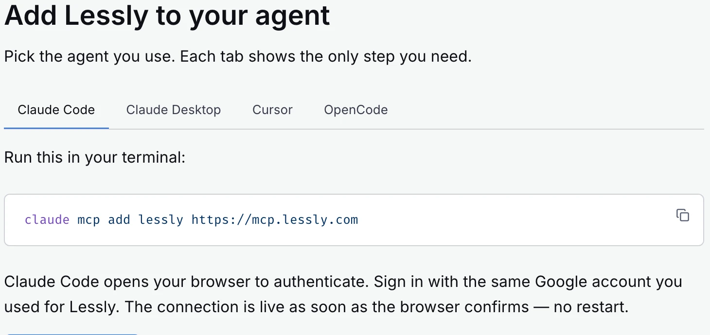 A docs guide — agent tabs and a single terminal command to add the Lepsto MCP