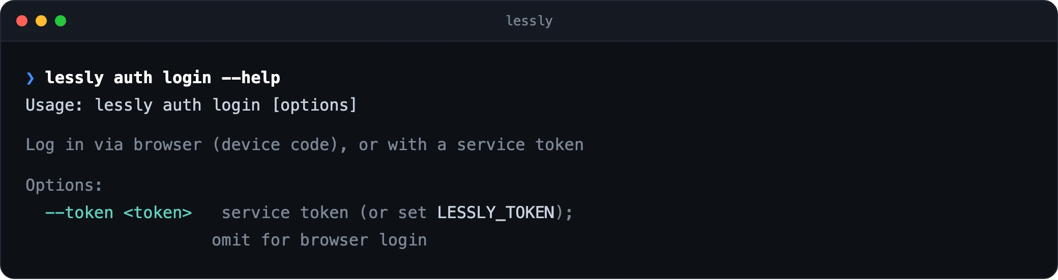 Terminal — lepsto auth login, showing browser device-code login or a service token