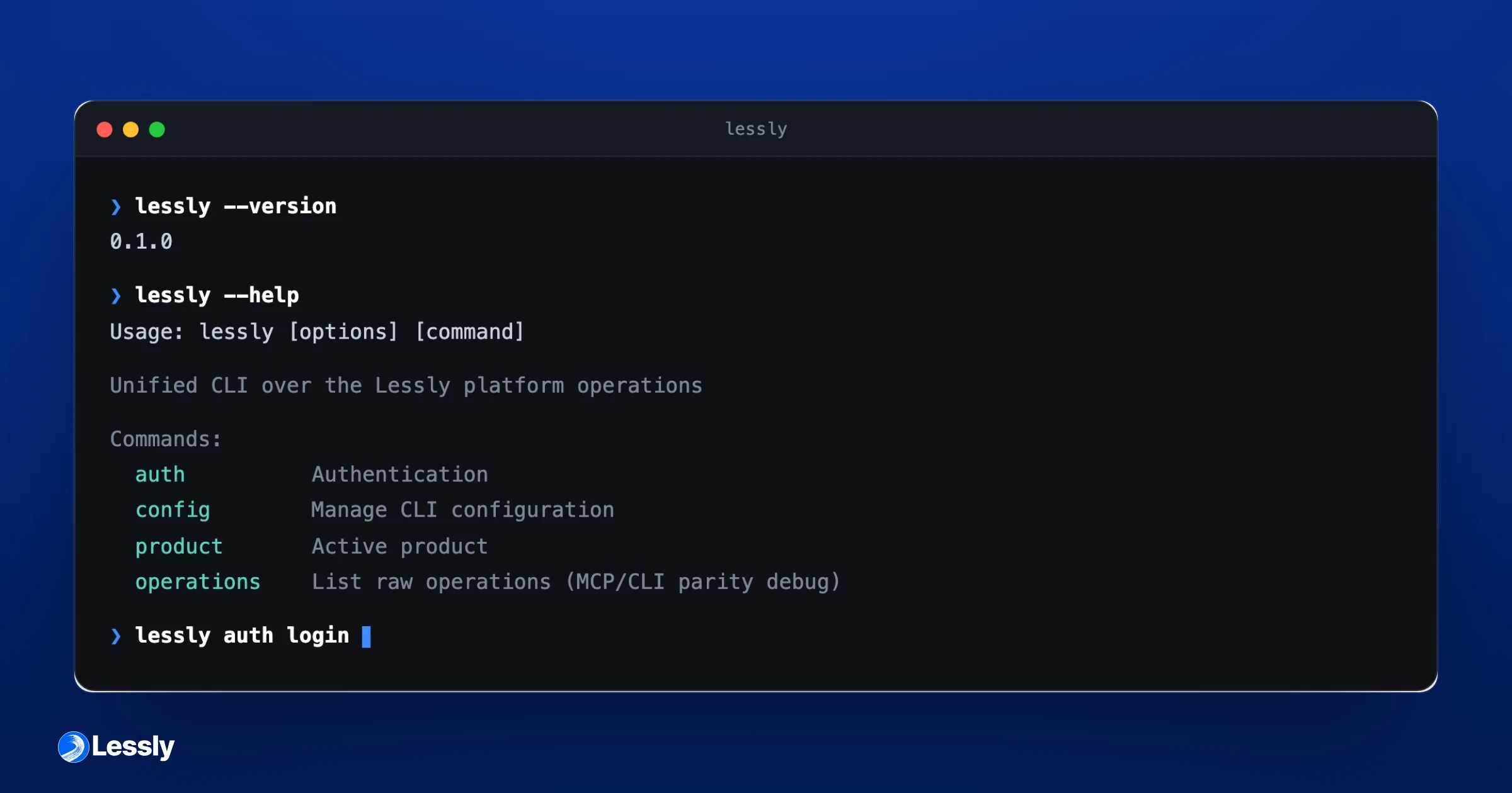 A terminal running the Lepsto CLI — lepsto --help lists the auth, config, product, and operations commands