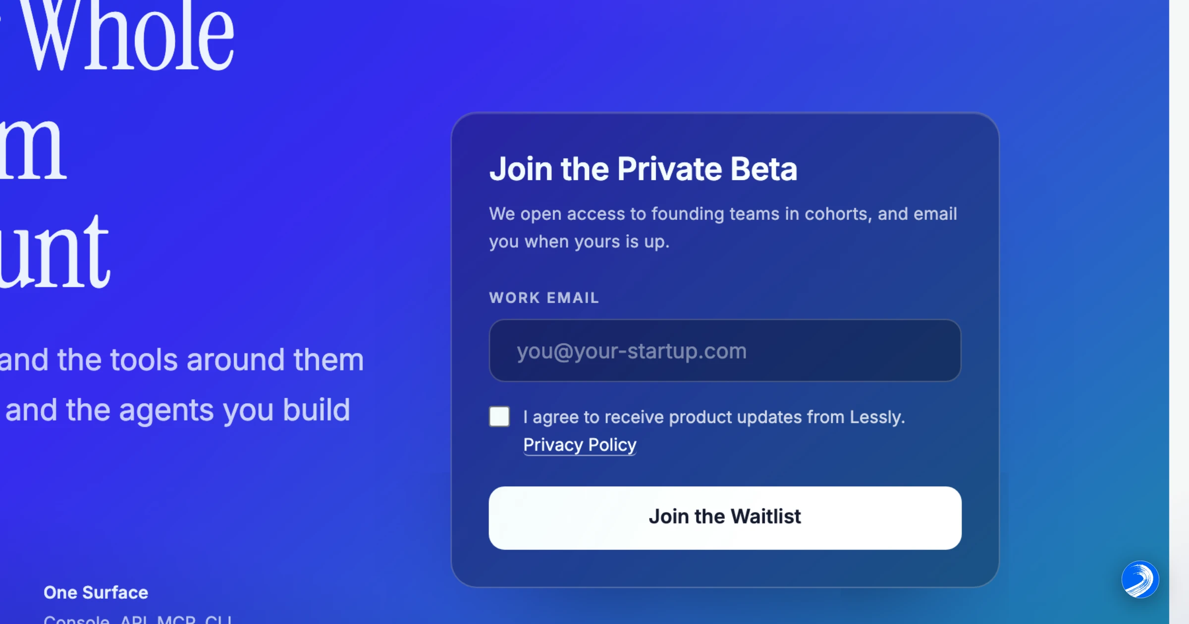 The Lepsto waitlist signup form — Join the Private Beta, a work-email field and a consent checkbox, on the Lepsto gradient
