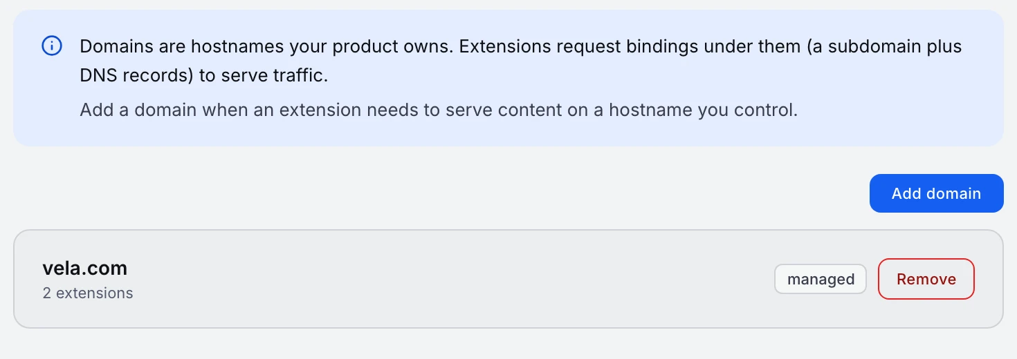 A product's domain in the app — marked managed, with its bound extensions and a one-click Remove