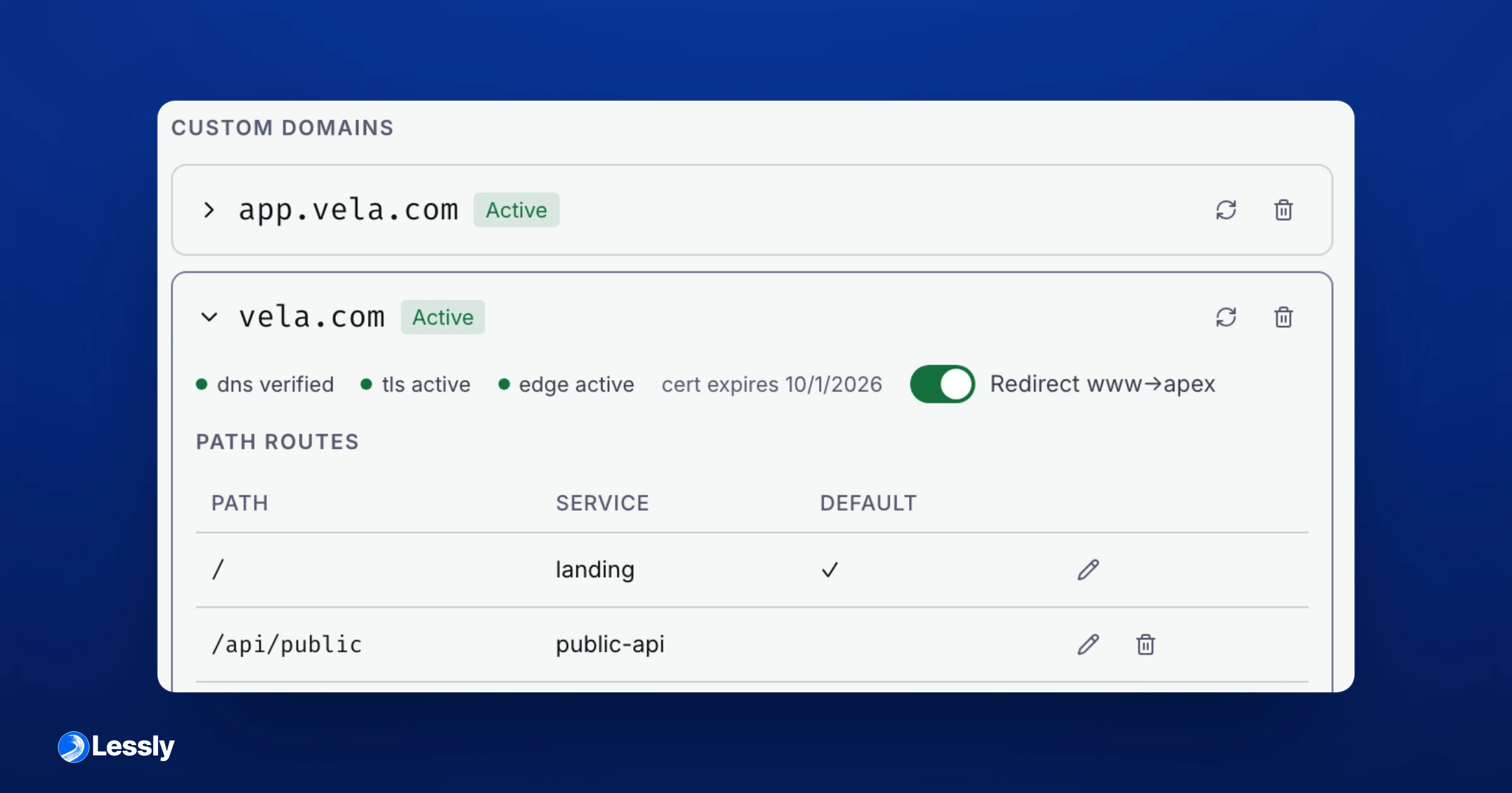 A custom domain live on Cloudflare — DNS verified, TLS active, and path routes sending each URL to the right service